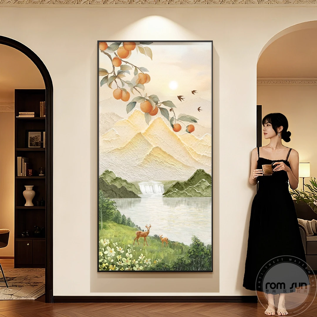 日照金山装饰画柿柿如意好寓意挂画高级感过道尽头年轻人壁画