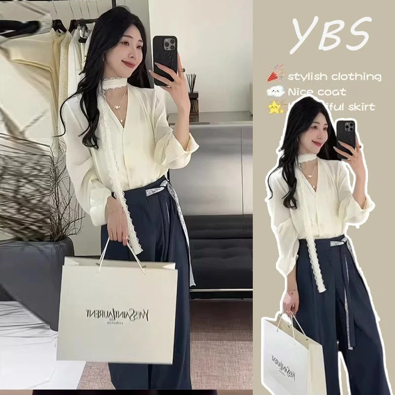 2025新款春季穿搭一整套韩系复古气质设计感衬衫宽松阔腿裤两件套