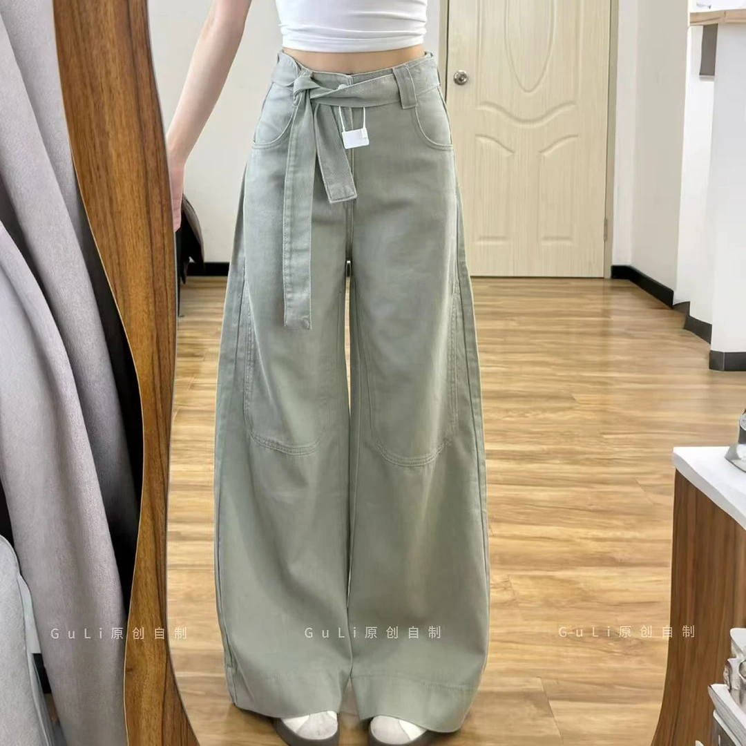 GL 灰绿色腰带阔腿牛仔裤子女夏季高腰宽松显瘦垂感拖地直筒百搭