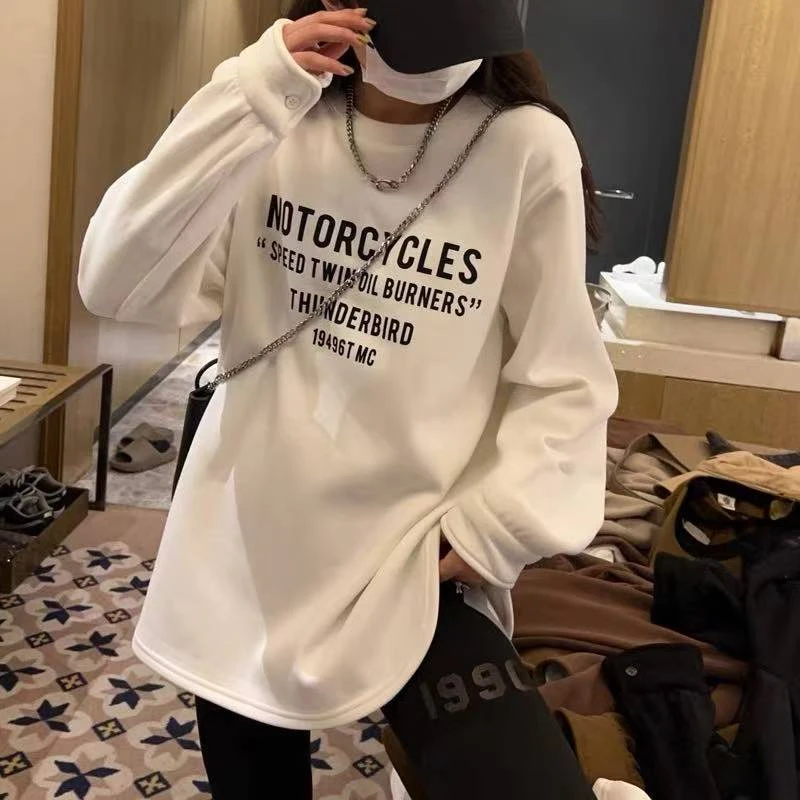 C65女士秋冬季加绒加厚中长款圆领设计款卫衣遮屁股韩版卫衣1050