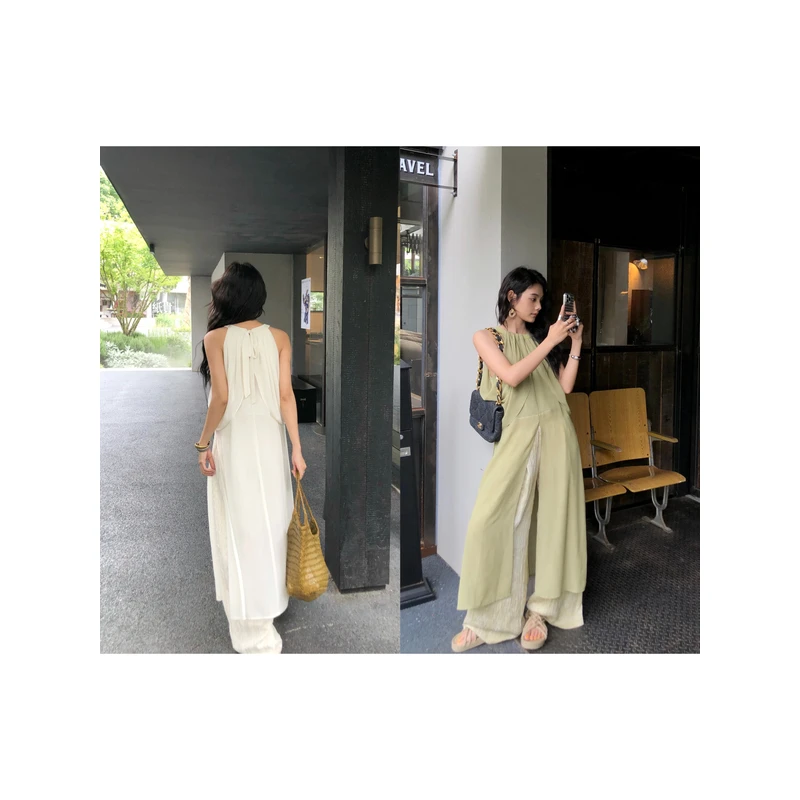 【3折断码 闭店福利】叠穿的神度假风雪纺挂脖长款开叉长裙女