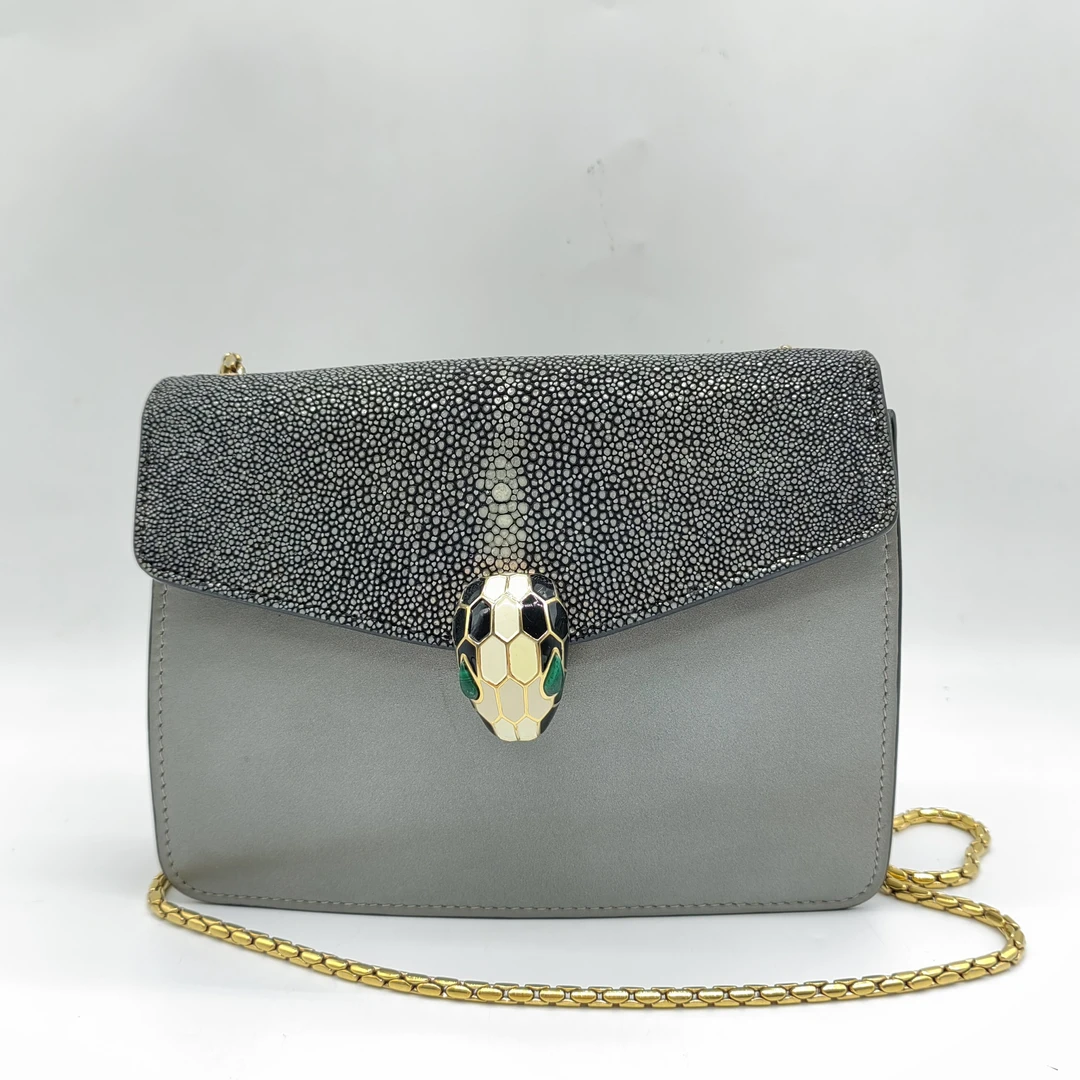 95新 BVLGARI/宝格丽 灰色蛇头链条包1563 1188