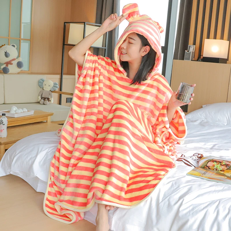 女士一体式睡衣休闲家居服连帽睡衣超宽松瓜红黄条-661957
