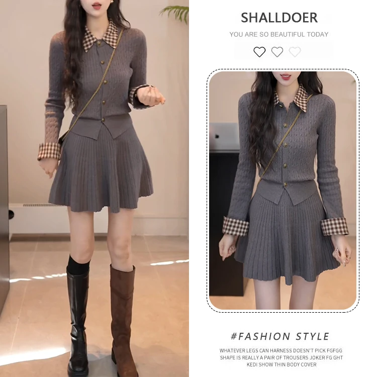 2025冬季针织翻领衣格纹细节点缀收腰百褶裙套装复古俏皮穿搭