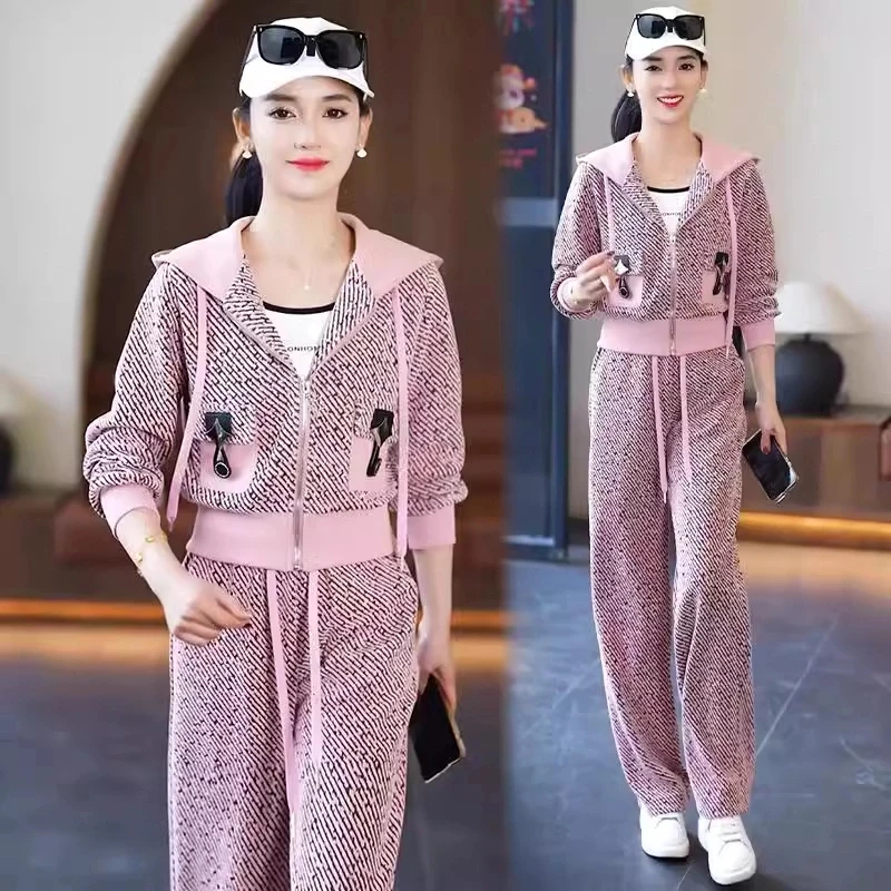 时尚小香风连帽套装女2025春季新款洋气显瘦减龄卫衣阔腿裤两件套