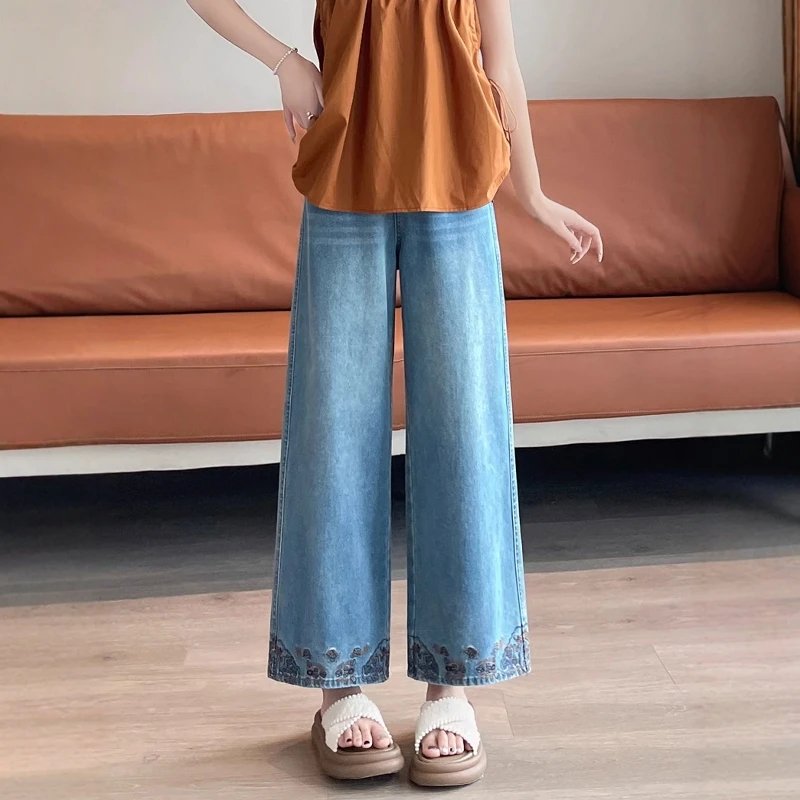 2025秋季新款大码显瘦阔腿裤新中式国风设计重工绣花阔腿牛仔裤子