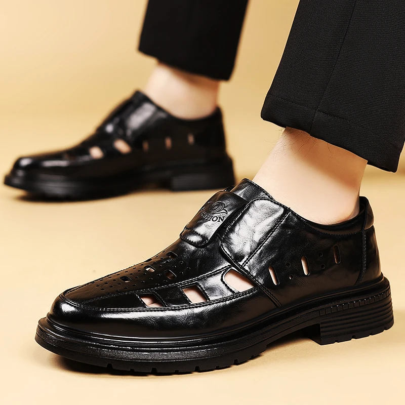 男鞋新款夏季透气镂空凉鞋一脚蹬百搭防滑软底休闲皮鞋8691