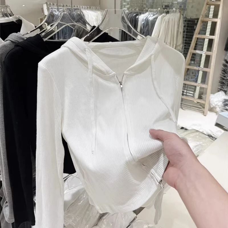 清仓拉链连帽针织衫长袖女春夏白色防晒外套上衣薄款开衫帽衫