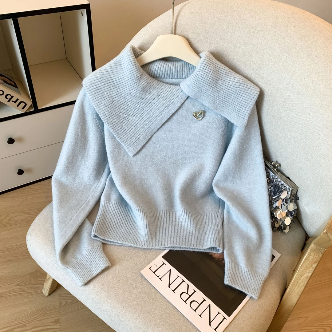 高级感软糯慵懒翻领毛衣针织长袖秋冬季新款洋气斜领爱心套头上衣