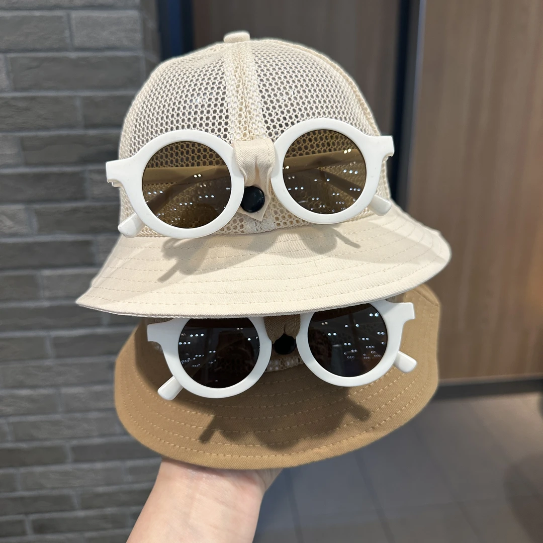 宝宝墨镜遮阳帽可拆眼镜透气渔夫帽男女童夏季防晒渔夫帽沙滩潮流