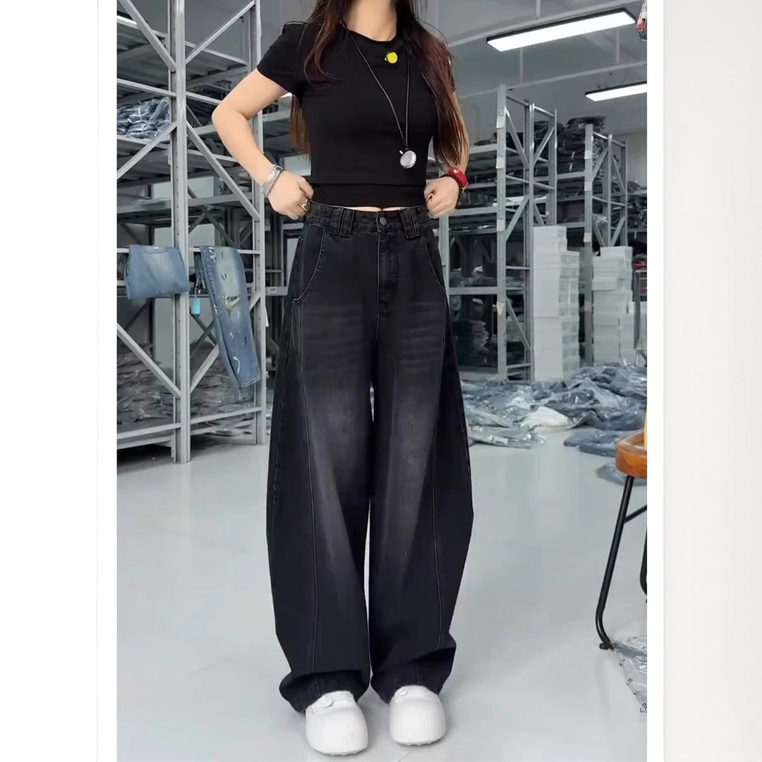黑色阔腿弯刀牛仔裤子女2025秋季新款梨型身材高腰宽松显瘦堆堆裤