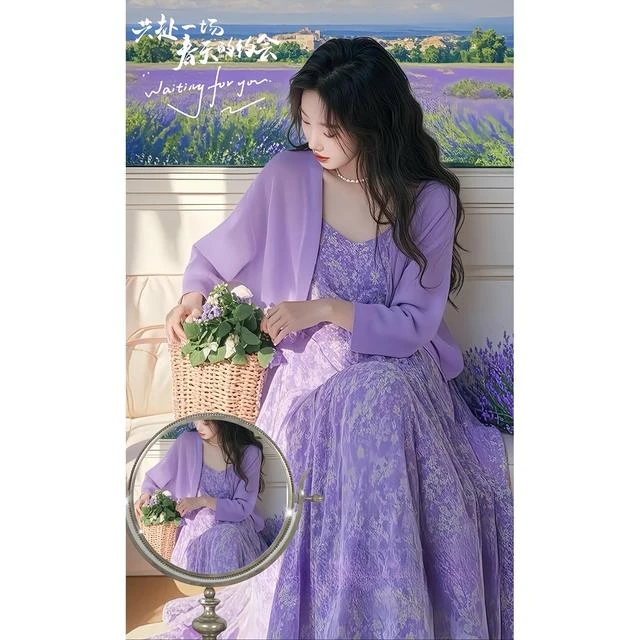 春装搭配一整套装裙女春季大码胖mm独特漂亮减龄紫色春游出行衣服