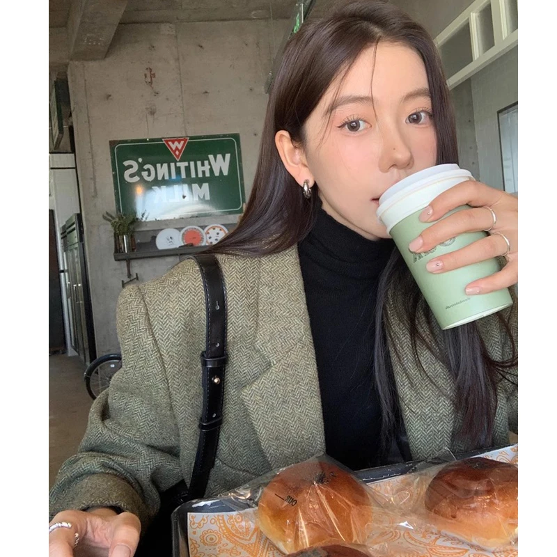 韩系复古人字纹毛呢西装女2025春秋外套高级感西服