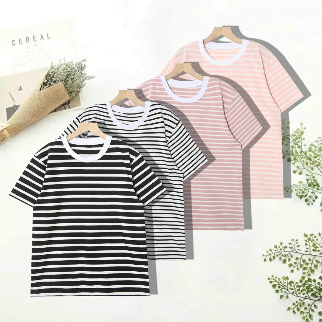 女士时尚简约撞色条纹宽松圆领短袖女夏季T恤P-2G463（不分面料）