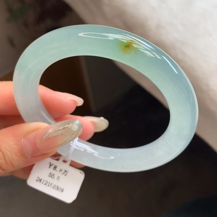 翡翠手镯未镶嵌56.5冰阳绿飘黄翡圆条