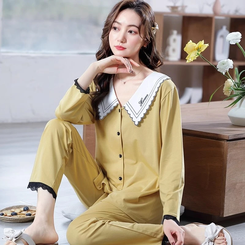金黛儿睡衣女士莫代尔棉春秋款长袖开衫娃娃领女款家居服两件套装