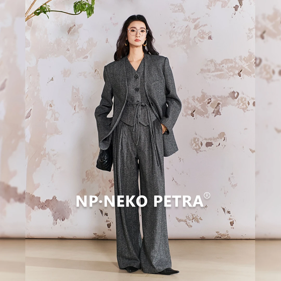 NP·Neko Petra老钱风麻灰色西装时尚套装女2024秋冬新款三件套