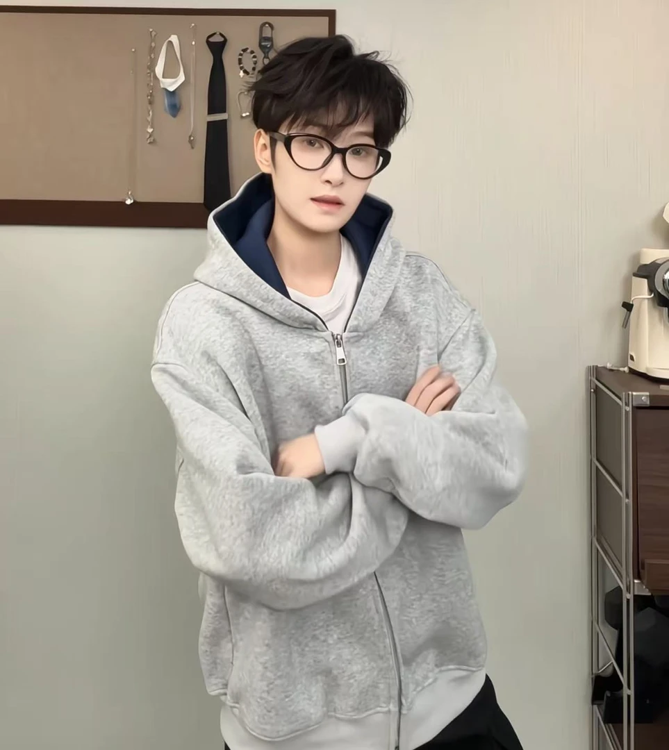 拼色开衫460G重磅卫衣男女同款连帽宽松休闲外套百搭运动情侣