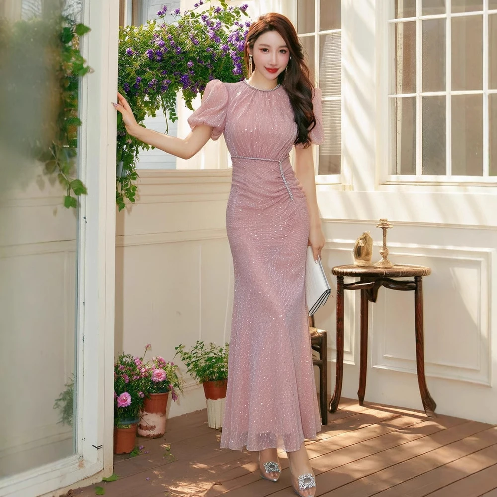 夏季新款细闪包臀鱼尾连衣裙宴会晚礼服粉色气质长裙子女21648