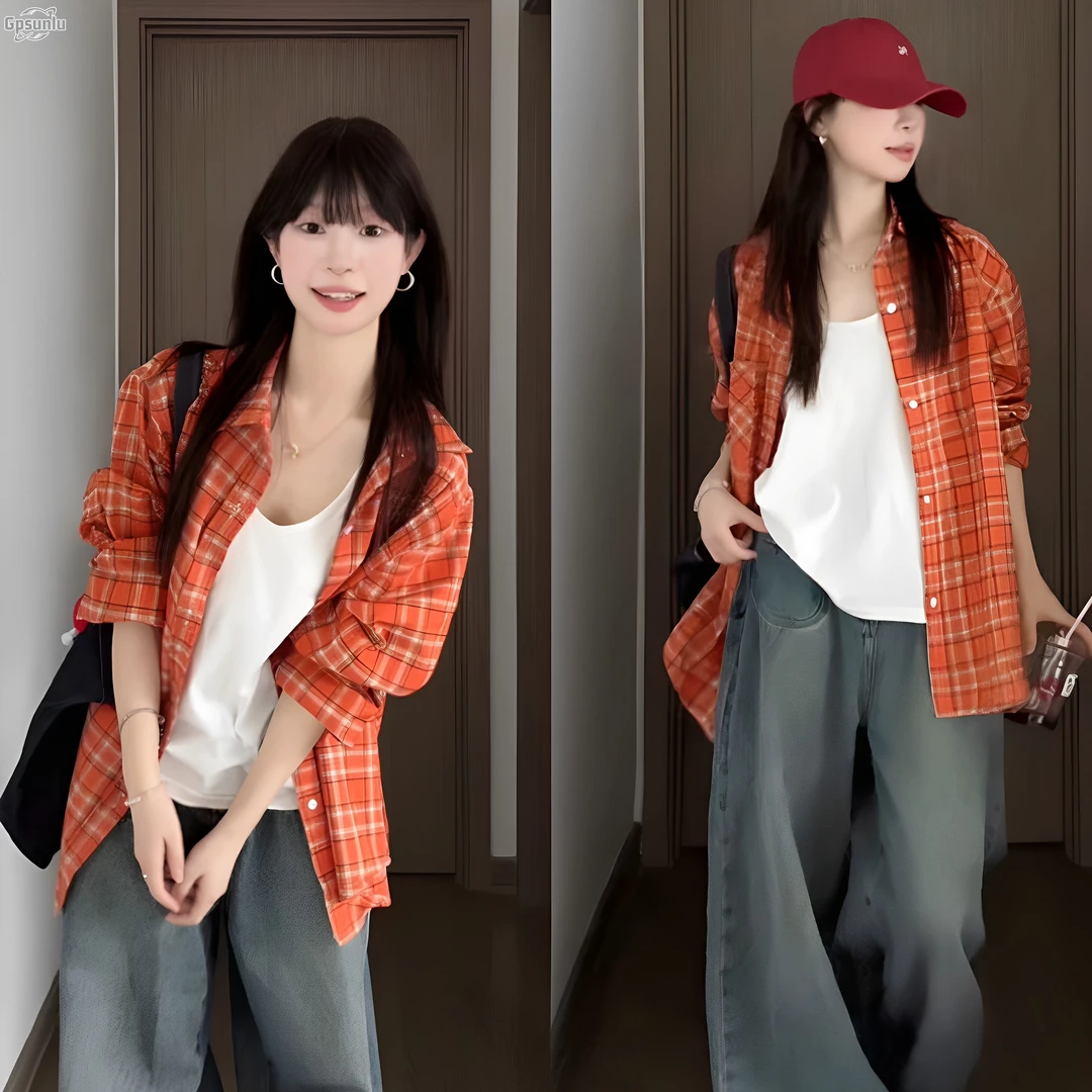 gpsunlu橘色格子衬衫秋季休闲百搭外套女新美式橘色女士格子衬衫