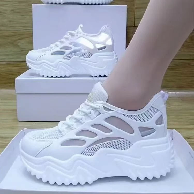 网面透气镂空女士凉鞋2025夏季新款薄款厚底增高小个子百搭小白鞋