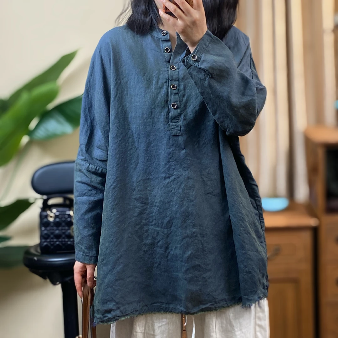 2025春节新款女百搭显瘦中长款色织纯麻改良上衣