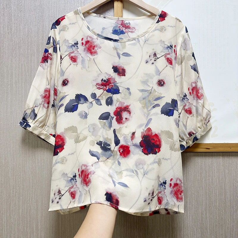 100桑蚕丝短袖女宽松气质休闲百搭印花时尚显瘦真丝T恤