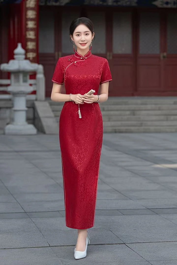 2825新款桑蚕丝斜襟提花常规款婚礼纯色旗袍复古修身中式中长款