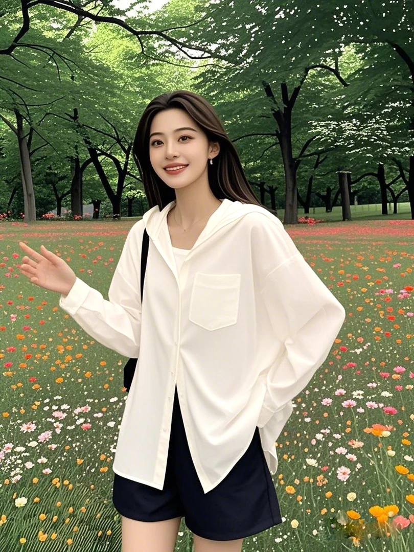 新款连帽衬衫舒适透气潮流轻薄个性时尚衬衣长袖白色