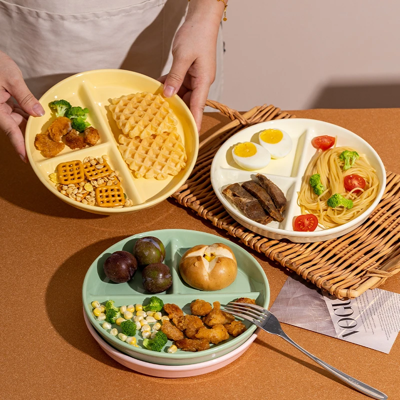 简约圆形分餐盘1个装8英寸分格盘陶瓷三格大号防摔快餐盘可爱盘子