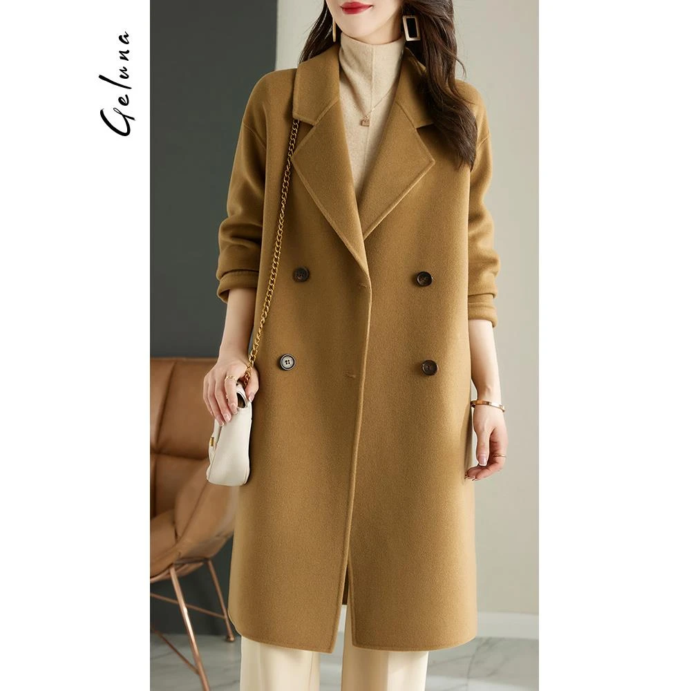 鲨鱼步秋冬新款双面呢大衣赫本风温柔时尚驼色西装零毛呢外套女