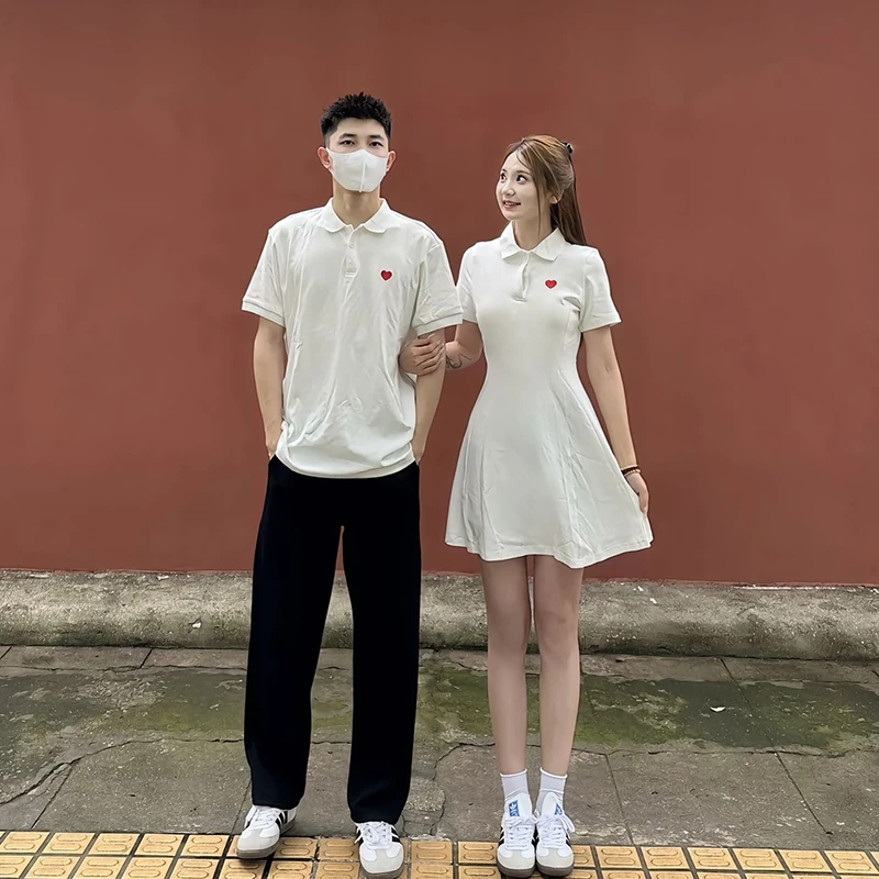 夏季通勤连衣裙情侣网红百搭爱心刺绣短袖一衣一裙polo领韩版气质