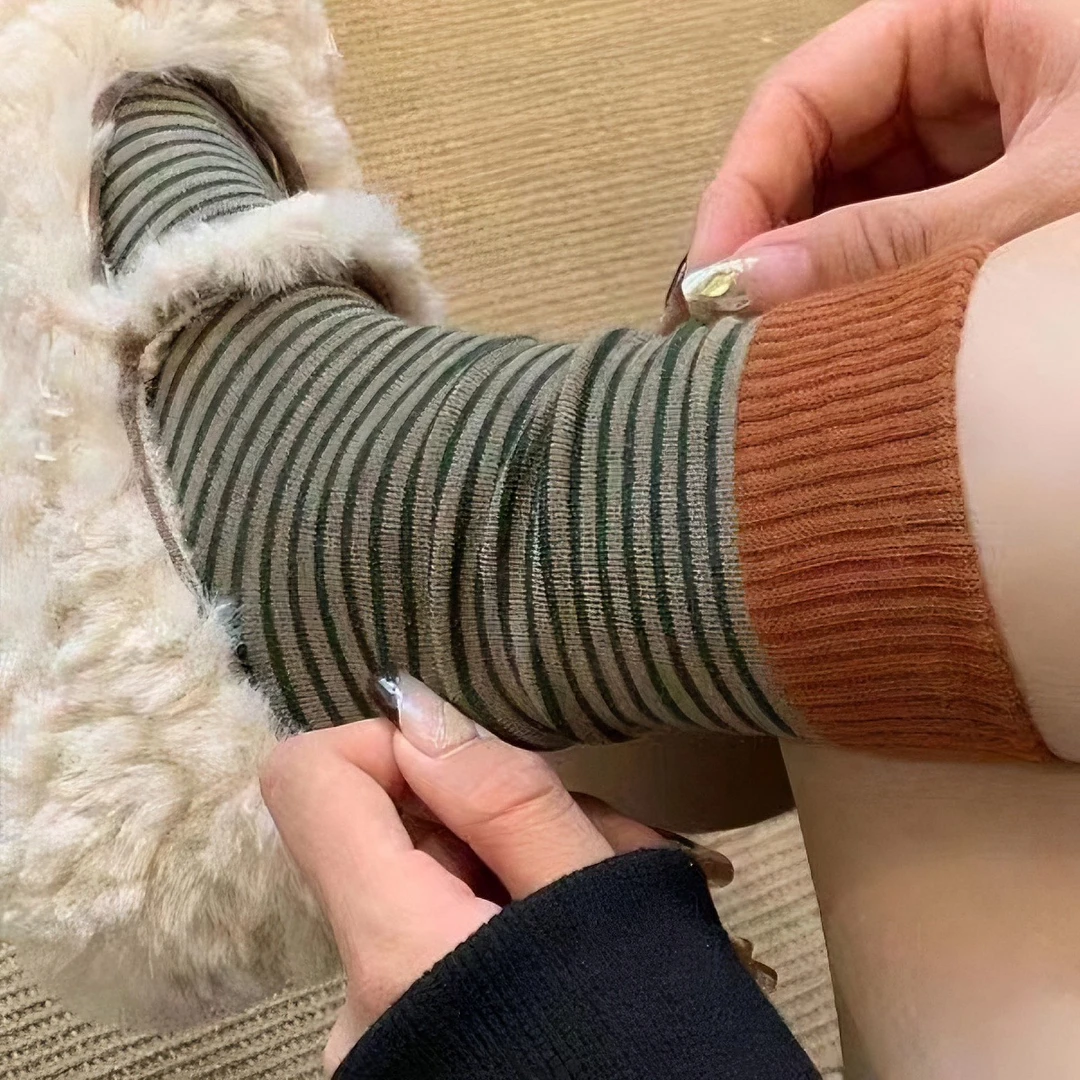 新店福利【3双装福利】条纹袜女秋冬韩国东大门保暖罗口条纹袜百