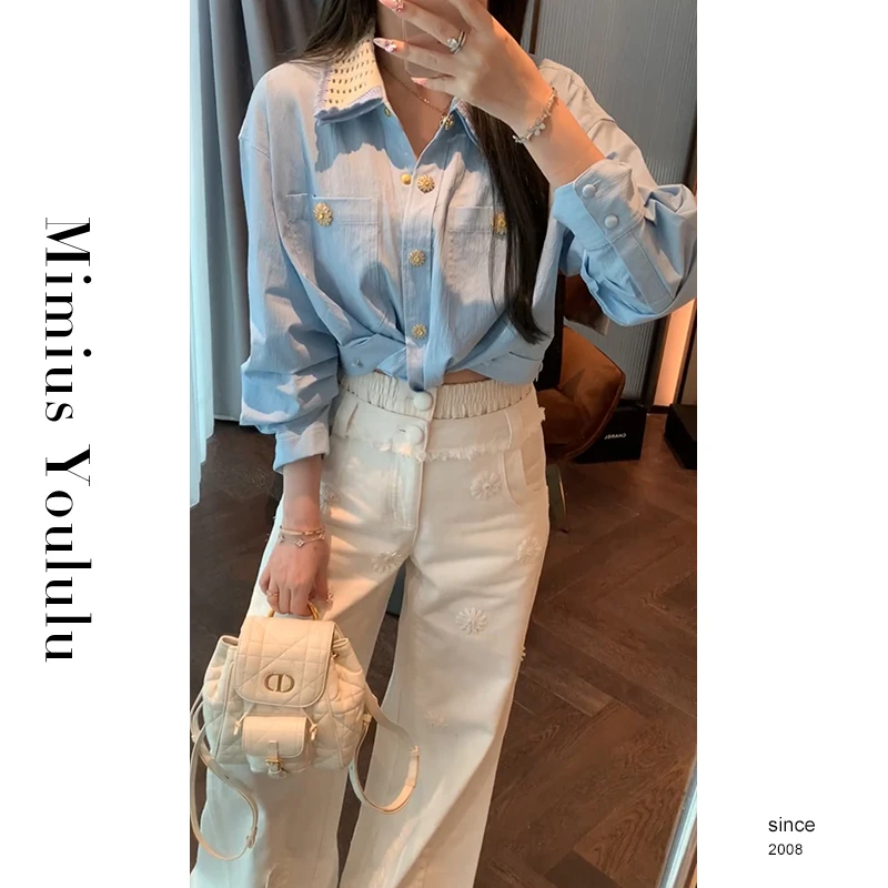 【mimius】&七七 重工小雏菊装饰翻领短款衬衫 G02063