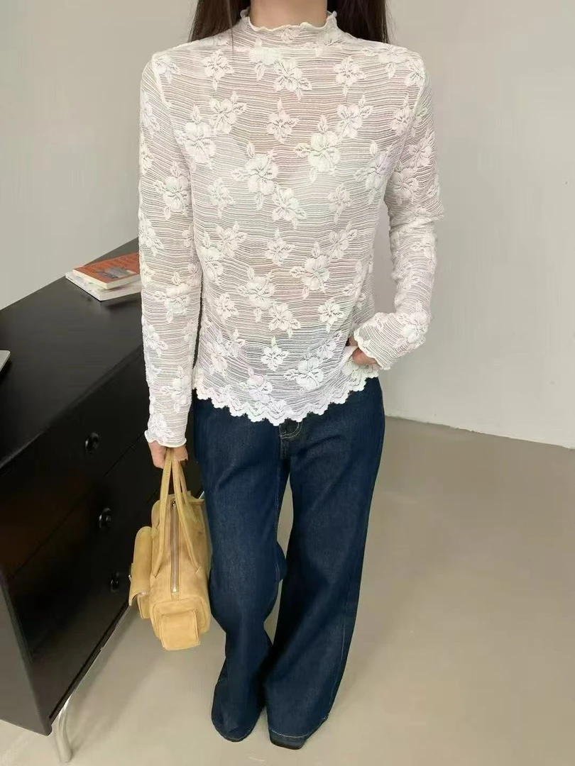 【傲傲精选】上衣内搭长袖蕾丝衫小衫半高领修身型蕾丝