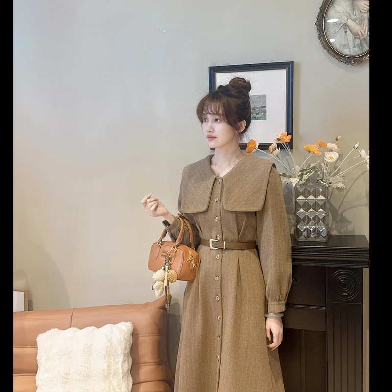 复古海军领人字呢连衣裙冬季韩版加绒保暖收腰长裙子SZ2901803