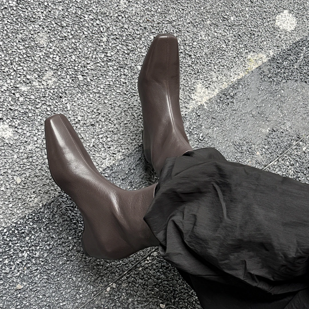跟高5.5cm/尺码34-39/真皮粗跟方头秋冬法式复古简约百搭瘦瘦短靴