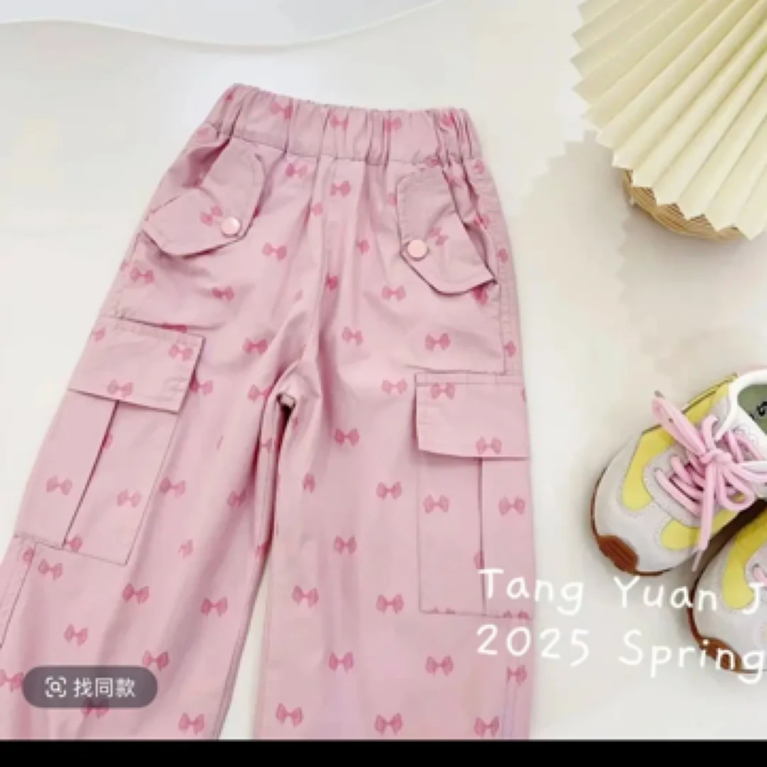 女童蝴蝶结工装裤粉色宽松休闲长裤洋气百搭春秋款印花休闲裤小童