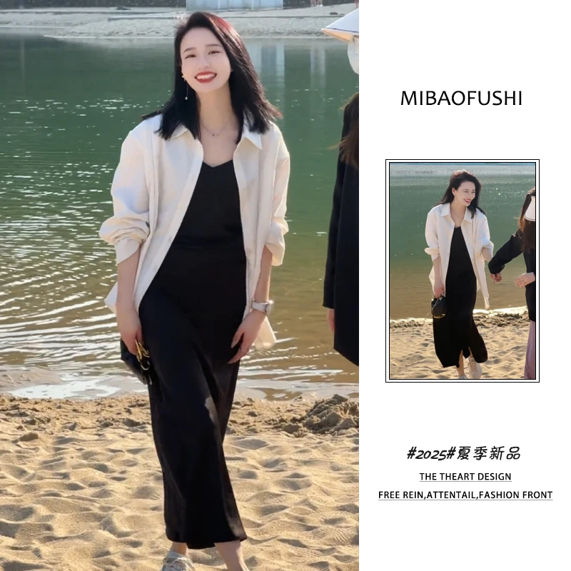 夏季穿搭一整套女装2025年新款韩系时尚长袖衬衫吊带连衣裙两件套