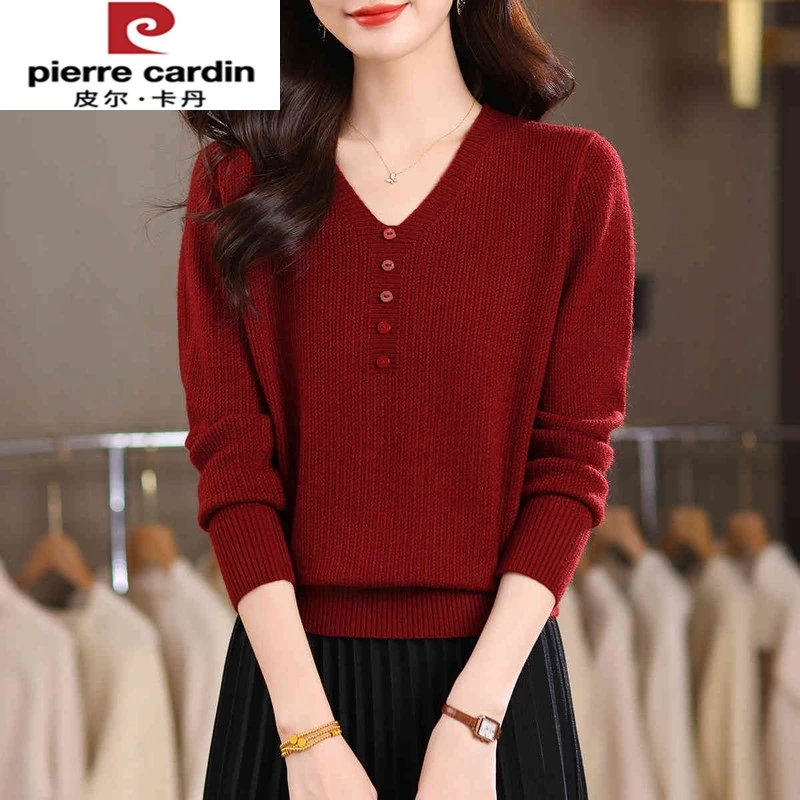 皮尔卡丹早秋V领针织打底衫女新款春秋内搭上衣洋气大码女装秋冬