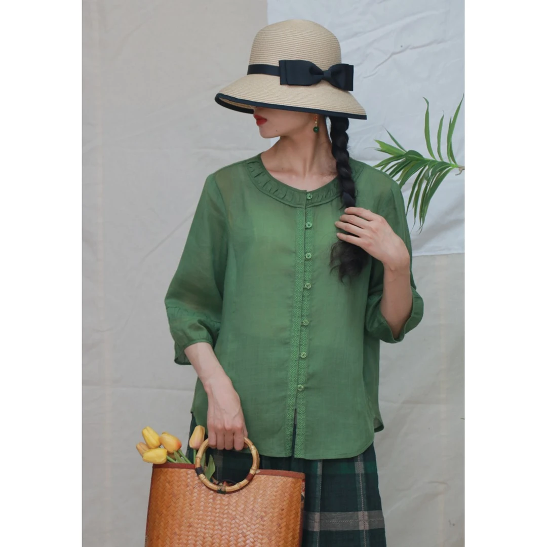 熹泮原创{倾城}25夏新款立领重工盘扣文艺女新中式国风衬衫