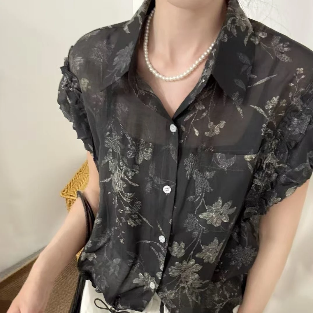 法式翻领单排扣下摆抽绳碎花小衫夏季法式复古设计感衬衫百搭