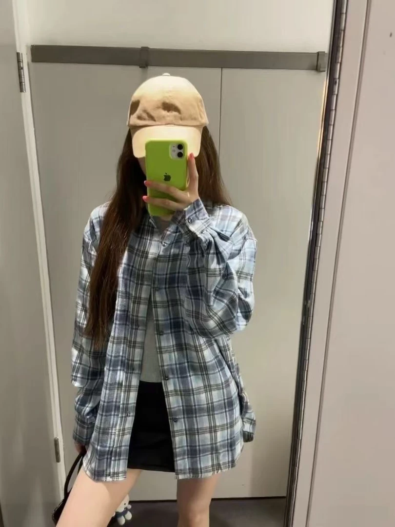 蓝色格子防晒衬衫外套早夏女POLO领开衫衬衣小众上衣外穿2025新款