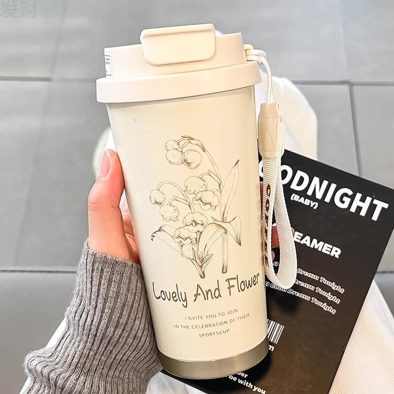 316不锈钢铃兰花保温杯女生高颜值咖啡杯吸管杯学生水杯办公杯子