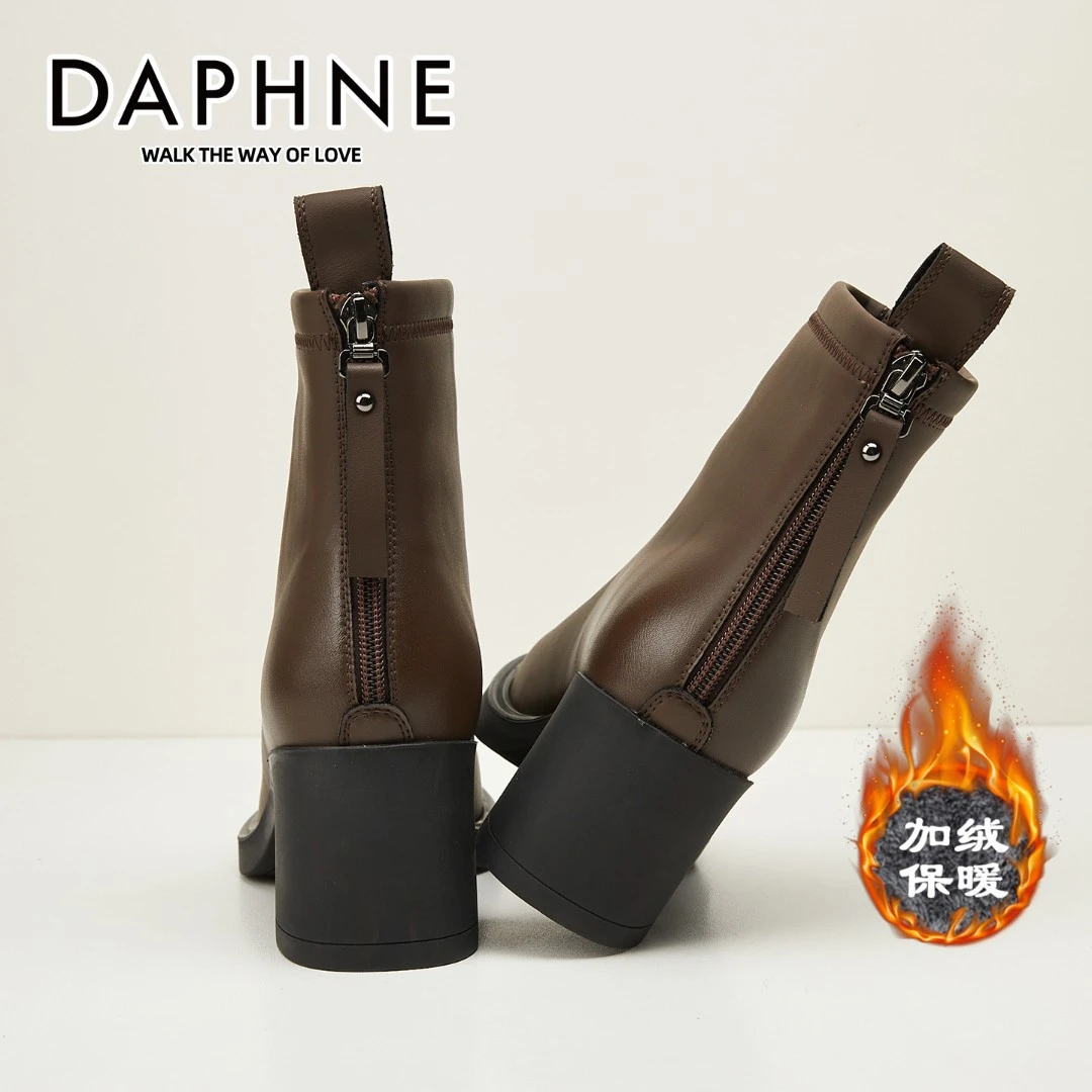 达芙妮粗跟短靴女英伦风靴子2025年爆款冬季加绒瘦瘦靴高跟马丁靴