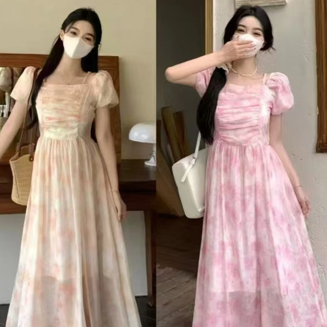 收腰牛角袖方领荷叶袖气质长裙碎花连衣裙通勤初恋