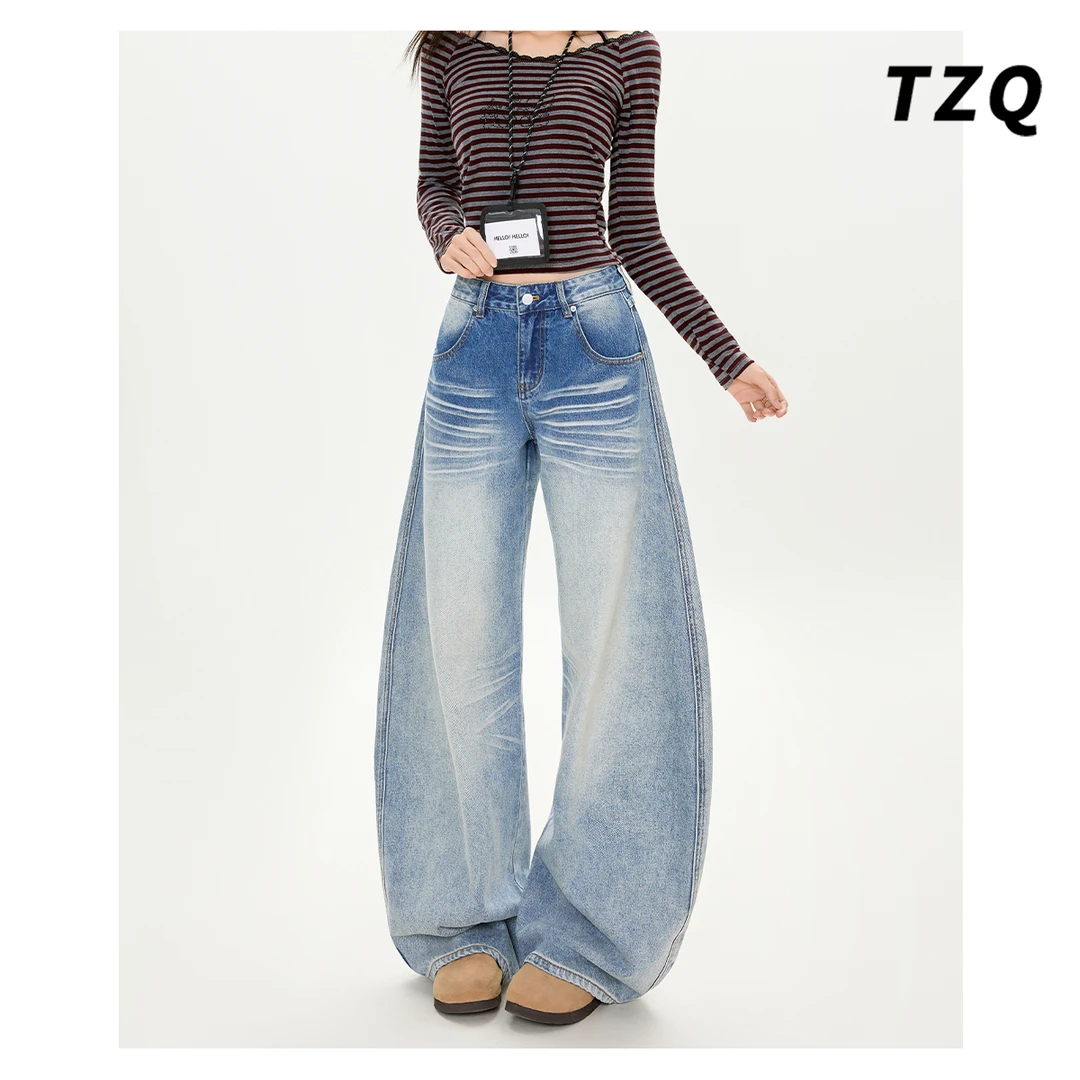 浅蓝弯刀牛仔裤女2025新款初秋折痕宽松阔腿拖地香蕉裤TZQ2581102
