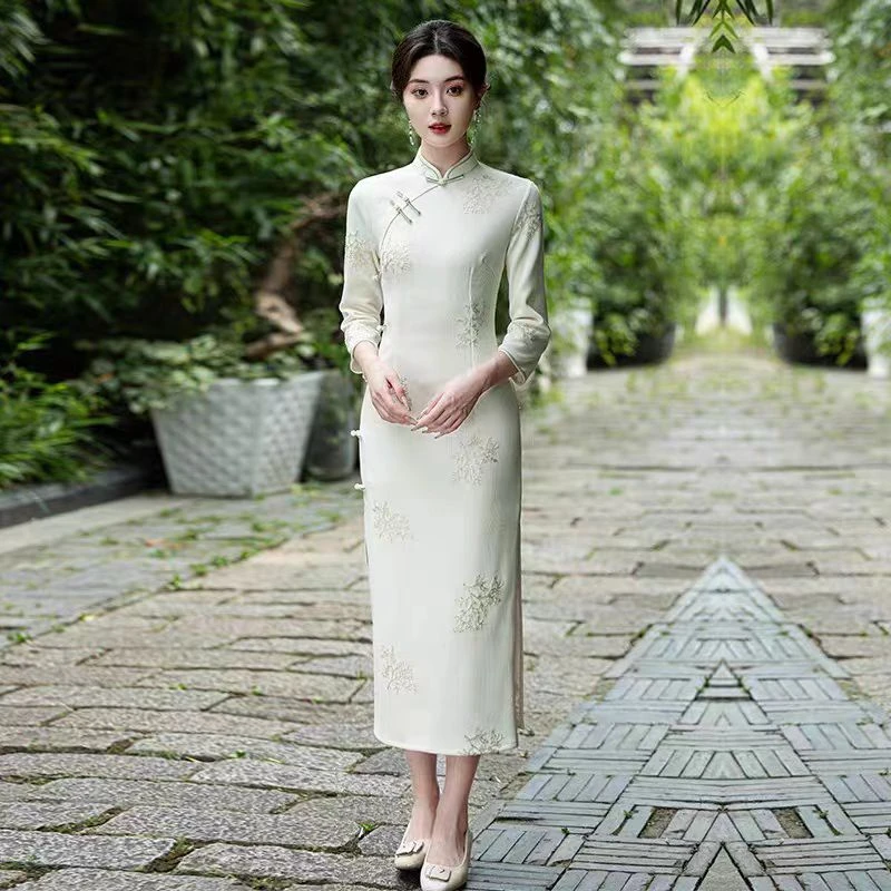 恬子梦 T729 春秋新款 米发财树 裙长115 侧八扣旗袍