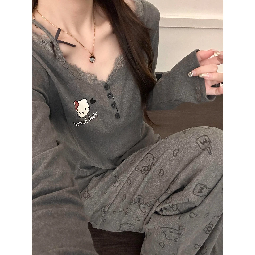 甜酷蕾丝拼接kitty睡衣女款2025春秋新款大码家居服两件套可外穿