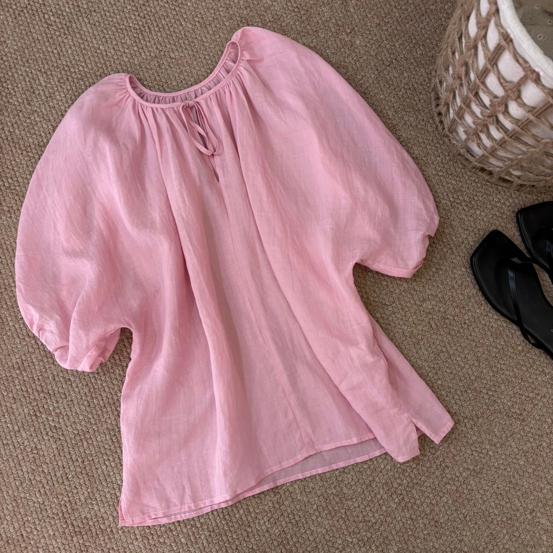 韩版夏季显瘦粉色苎麻料小衫女休闲宽松甜美减龄小衫褶皱洋气时尚